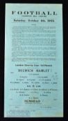 1923/24 Dulwich Hamlet v Nunhead London Charity Cup match programme at Champion Hill 6 October
