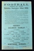 1923/24 Dulwich Hamlet v Northern Nomads friendly match programme 22 September 1923 at Champions