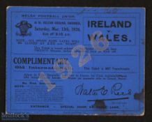 Rare Wales v Ireland 1926 Old Internationals' Rugby Ticket: Swansea issue in dark blue with silver