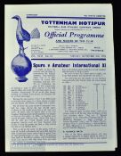 1953/54 Tottenham Hotspur v Amateur International XI match programme 10 November 1953 friendly