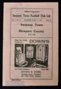 1945/46 War League south Swansea Town v Newport County match programme 2 March 1946, 4 pager with