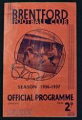 Pre-War 1936/37 Brentford v Huddersfield Town Div. 1 match programme 12 September 1936, slight