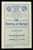 1951 Festival of Britain match programme Brighton & Hove Albion v Hamborn 12 May 1951; good