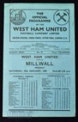 1948/49 West Ham Utd v Millwall friendly match programme 29 January 1949, 4 pager; good.