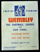 1940 Football League Cup final at Wembley, West Ham Utd v Blackburn Rovers match programme 8 June