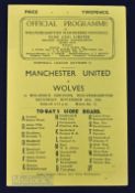 1946/47 Wolverhampton Wanderers v Manchester United match programme 30 November 1946; 4 pager,