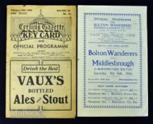 1945/46 FA Cup match programmes Bolton Wanderers v Middlesbrough 9 February 1946; and second leg