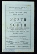 1950 at Crewe Alexandra; North v South junior international trial match programme dated 18 March