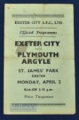 Scarce issue 1944/45 Exeter City v Plymouth Argyle official match programme 2 April 1945 at St James