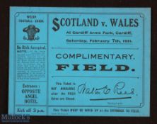 Rare Wales v Scotland 1931 Rugby Field Ticket: A 13-8 win for the Welsh at Cardiff, lovely blue card