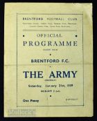 1938/39 Brentford v The Army friendly match programme 21 January 1939, 4 pager, fold, fair