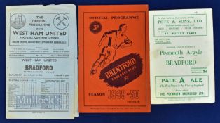 1948/49 Bradford PA away match programmes v West Ham Utd, Brentford, Plymouth Argyle; fair