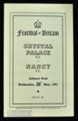 1951 Festival of Britain match programme Crystal Palace v Nancy FC 16 May 1951; 4 pager, team