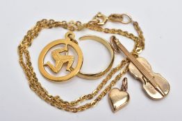 A SELECTION OF GOLD JEWELLERY, to include fine curb link chain fitted with a spring clasp hallmarked