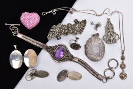 A BAG OF ASSORTED JEWELLERY, to include a pair of silver engine turn designed cufflinks,