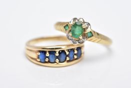 TWO 9CT GOLD RINGS, the first deigned with a row of five oval cut, claw set blue sapphires,