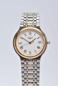 A GENTS 'LONGINES' QUARTZ WRISTWATCH, round white dial signed 'Longines', date window at the three