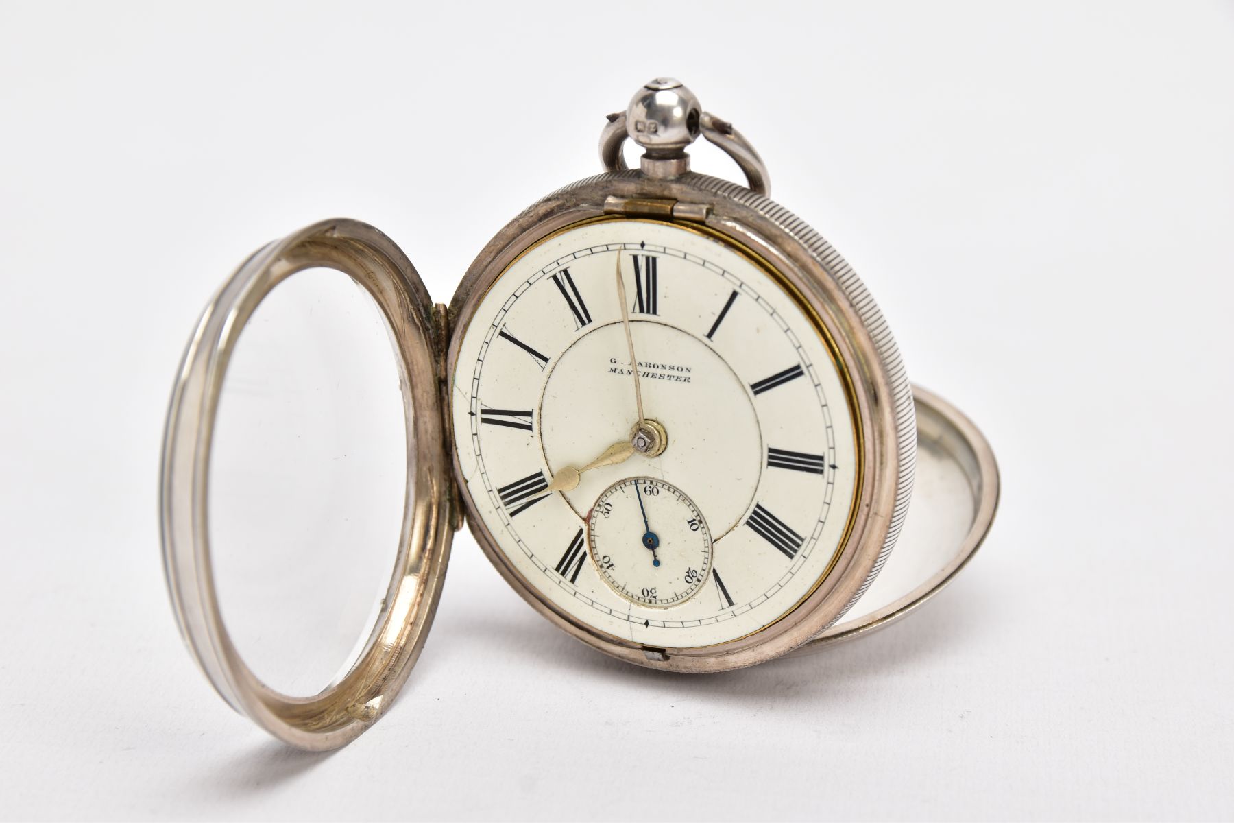 A LATE VICTORIAN SILVER, OPEN FACE POCKET WATCH, white dial signed 'G.Aaronson, Manchester', Roman - Image 3 of 6