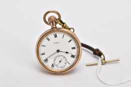 A GOLD PLATED OPEN FACED 'WALTHAM' POCKET WATCH, white dial signed 'Waltham', Roman numerals,