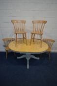 A MODERN BEECH AND PARTIALLY CREAM PAINTED CIRCULAR EXTENDING KITCHEN PEDESTAL TABLE, open width