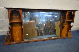 AN OAK ART NOUVEAU OVERMANTEL MIRROR, 154cm x 72cm (losses)