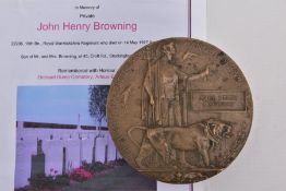 A WWII MEMORIAL DEATH PLAQUE NAMED JOHN HENRY BROWNING, Pte 22206 16th Btn (3rd Birmingham Pals)