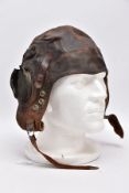 A FIRST PATTERN WWII RAF FLYING HELMET IN LEATHER, believed 1st style with three stud fasteners as