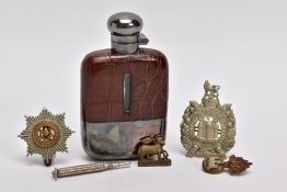 A SILVER PLATED AND LEATHER HIP FLASK, nicely made by 'Despatch' England 3.5oz, together with four