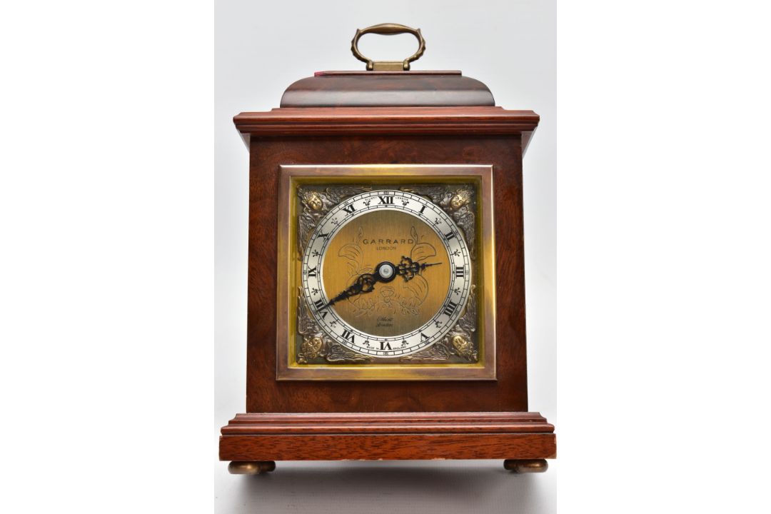 A BURR WOOD CASED GARRARD MANTLE CLOCK, London Elliott mantel clock the silvered ring set with Roman - Image 6 of 6