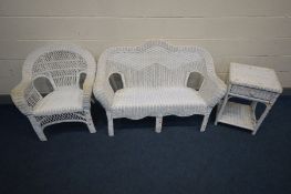 A WHITE WICKER THREE PIECE LOUNGE SUITE comprising a two seat settee, inner width 95cm x height