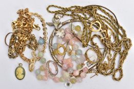A SELECTION OF COSTUME JEWELLERY, to include rolled gold jewellery, a quartz bead necklace, two