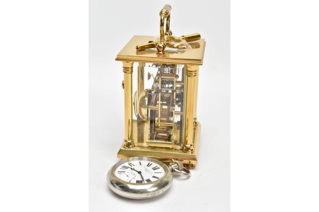 A BRASS CARRIAGE CLOCK AND A MILITARY POCKET WATCH, a white enamel face with black Roman numerals, - Image 4 of 7