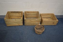THREE WOODEN CRATES, and a wicker basket (4)