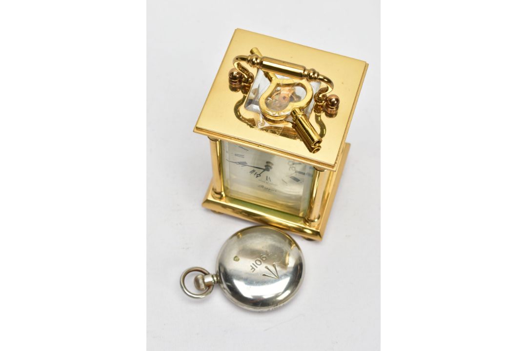 A BRASS CARRIAGE CLOCK AND A MILITARY POCKET WATCH, a white enamel face with black Roman numerals, - Image 7 of 7
