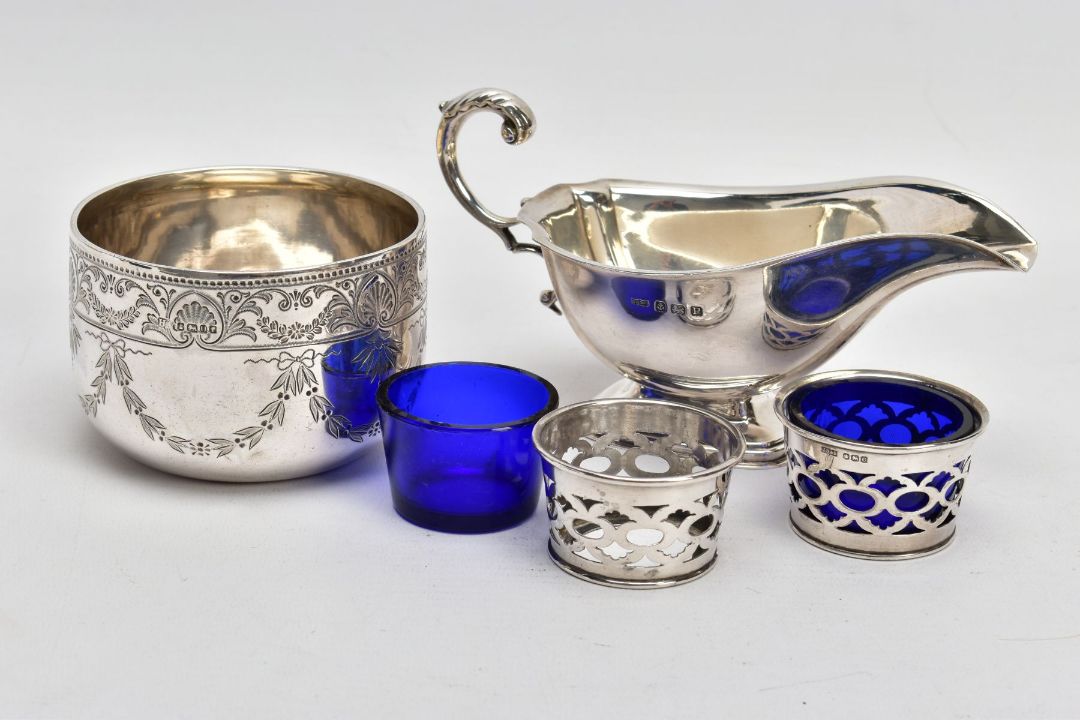 FOUR ITEMS OF SILVERWARE, to include a late Victorian silver sugar bowl with engraved swag, shell - Image 1 of 5