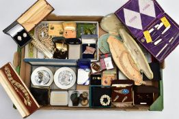 A BOX OF MAINLY COSTUME JEWELLERY, to include imitation pearl necklaces, two cut steel buttons, an