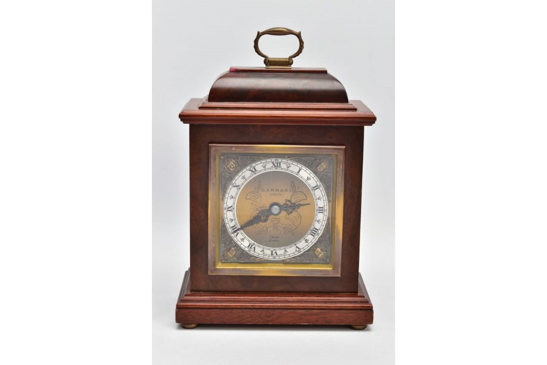 A BURR WOOD CASED GARRARD MANTLE CLOCK, London Elliott mantel clock the silvered ring set with Roman - Image 1 of 6