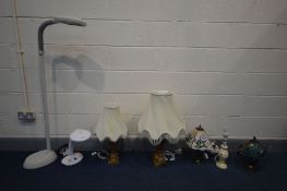SEVEN VARIOUS LAMPS, to include two tiffany style table lamps, two onyx table lamps, etc (7)