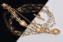 THREE ITEMS OF JEWELLERY, to include a gate bracelet set with three circular panel settings, 9ct
