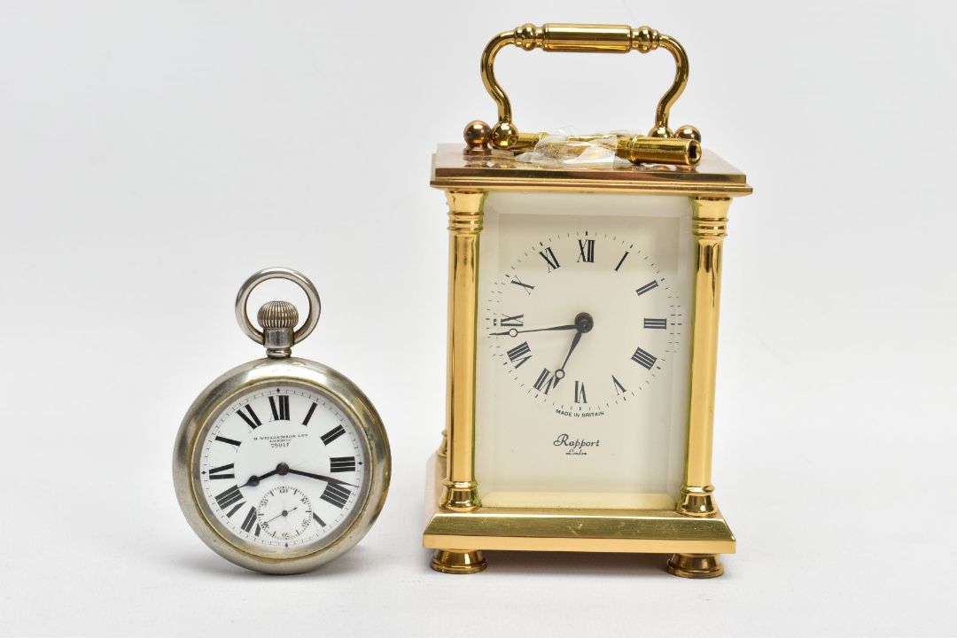 A BRASS CARRIAGE CLOCK AND A MILITARY POCKET WATCH, a white enamel face with black Roman numerals, - Image 1 of 7
