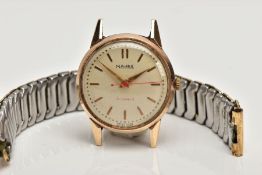 A 9CT GOLD CASED MAJEX HAND-WOUND WRISTWATCH, slightly deteriorating cream dial with gold baton