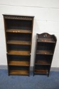AN TALL SLIM EARLY TO MID 20TH CENTURY OAK OPEN BOOKCASE, width 39cm x depth 19cm x height 106cm