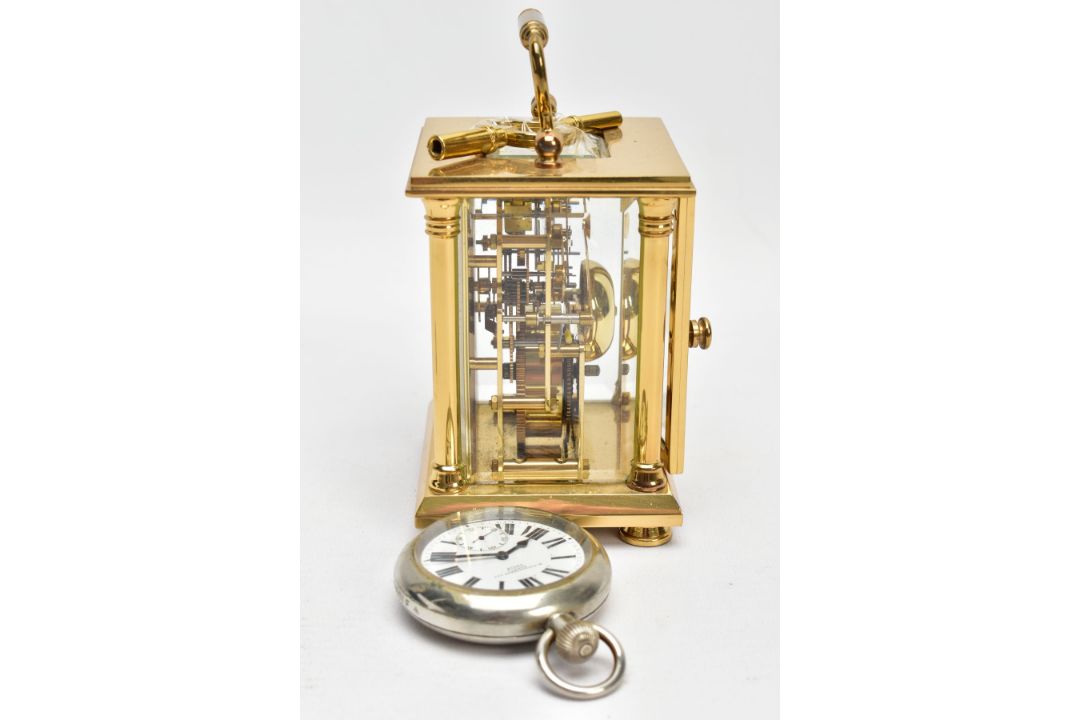 A BRASS CARRIAGE CLOCK AND A MILITARY POCKET WATCH, a white enamel face with black Roman numerals, - Image 3 of 7