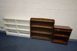 A SMALL EDWARDIAN MAHOGANY OPEN BOOKCASE, width 68cm x depth 33cm x height 83cm together with two