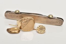 A 9CT GOLD SIGNET RING AND THREE OTHER ITEMS, the signet ring of plain design and a scroll design to