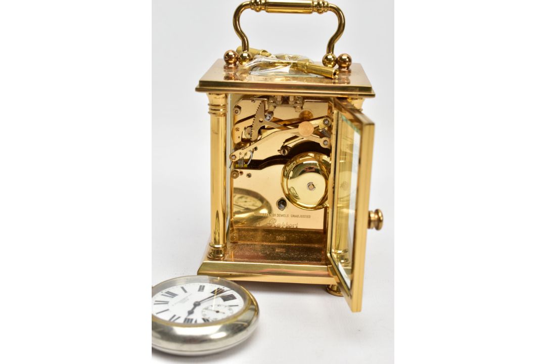 A BRASS CARRIAGE CLOCK AND A MILITARY POCKET WATCH, a white enamel face with black Roman numerals, - Image 5 of 7
