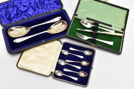 A SELECTION OF CUTLERY, to include a cased set of silver coffee spoons, hallmark for London 1941,