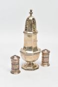TWO ITEMS OF 1930'S SILVERWARE, to include a silver sugar caster of faceted baluster form with