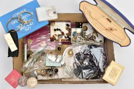 A COLLECTION OF COSTUME JEWELLERY, to include a commemorative royal mint coins, some silver