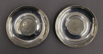 Two boxed coin set silver dishes. Each 10 cm diameter. 4.5 troy ounces total weight.